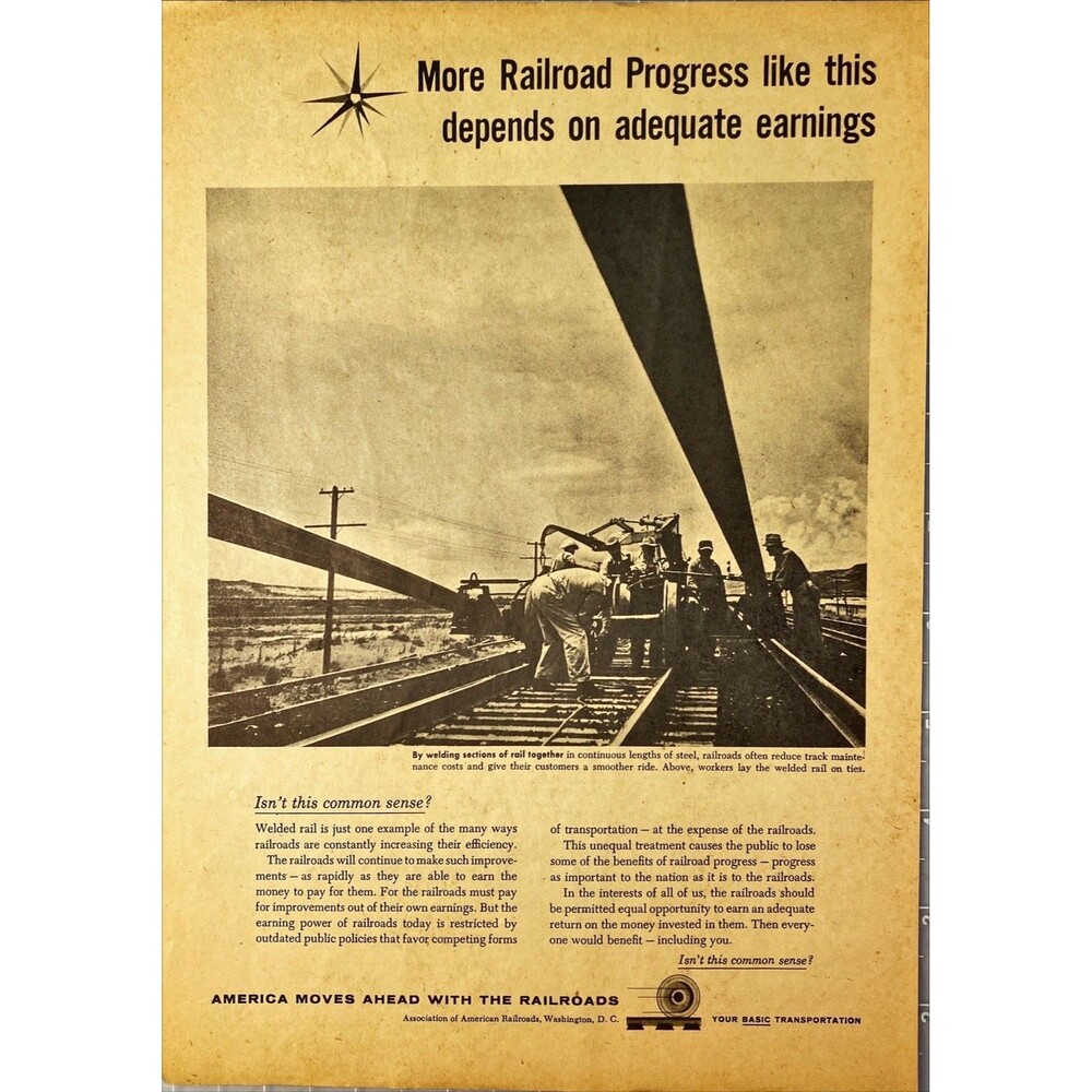 Association of American Railroads "Railroad Progress Depends on Earnings"Ad 1959